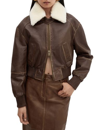 Mango Leather Bomber With Removable Faux Shearling Collar - Brown