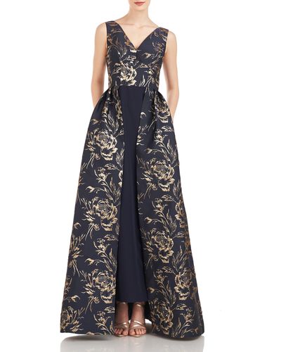 Kay Unger Sterling Metallic Jacquard Gown - Blue