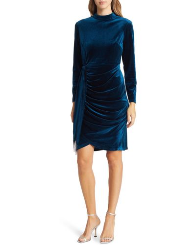 Tahari Beaded Drape Long Sleeve Stretch Velvet Dress - Blue