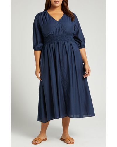 Nordstrom Smocked Waist Cotton & Silk Midi Dress - Blue