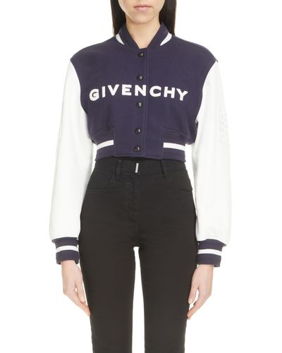 Givenchy Leather Sleeve Logo Crop Varsity Jacket - Blue