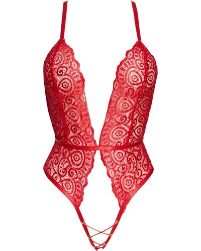 ROMA CONFIDENTIAL Plunge Lace Open Gusset Teddy - Red
