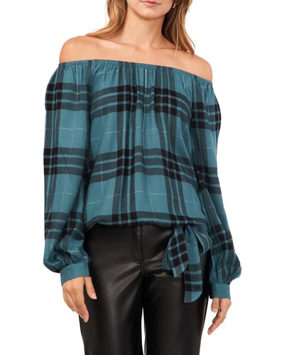 Vince Camuto Metallic Plaid Off The Shoulder Top - Gray