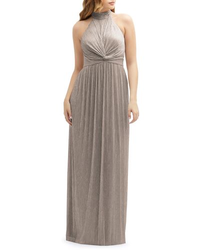 After Six Metallic Pleated Halter Column Gown - Multicolor