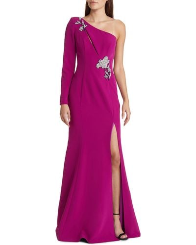 Marchesa Floral One-shoulder Long Sleeve Gown - Purple