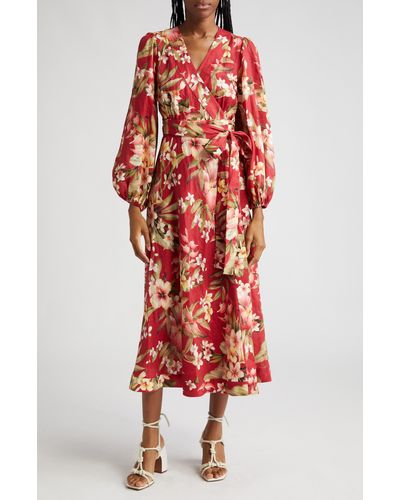 Zimmermann Lexi Floral Long Sleeve Linen Wrap Dress - Red