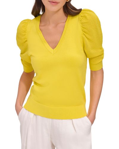DKNY Puff Sleeve V-neck Sweater - Yellow