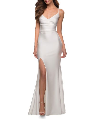 La Femme Jersey Column Gown - White