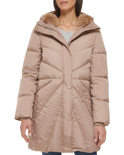 Cole Haan Cocoon Hooded Down & Feather Fill Puffer Jacket With Faux Fur Trim - Natural