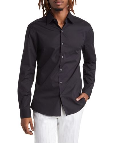 TOPMAN Solid Stretch Button-up Shirt At Nordstrom - Black