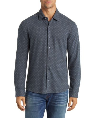 Stone Rose Geo Print Wrinkle Resistant Tech Fleece Button-up Shirt - Blue
