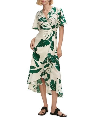 Mango Tropical Print Short Sleeve Wrap Dress - Green