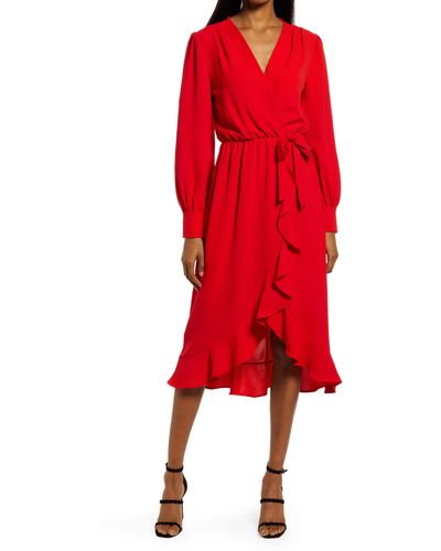 Fraiche By J Faux Wrap Ruffle Long Sleeve Dress - Red