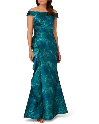 Adrianna Papell Ruffle Off The Shoulder Jacquard Mermaid Gown - Green