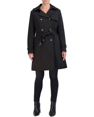 Cole Haan Insulated Double Breasted Hooded Trench Coat - Black