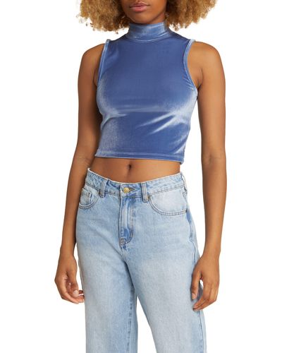 BP. Sleeveless Mock Neck Crop Velour Top - Blue