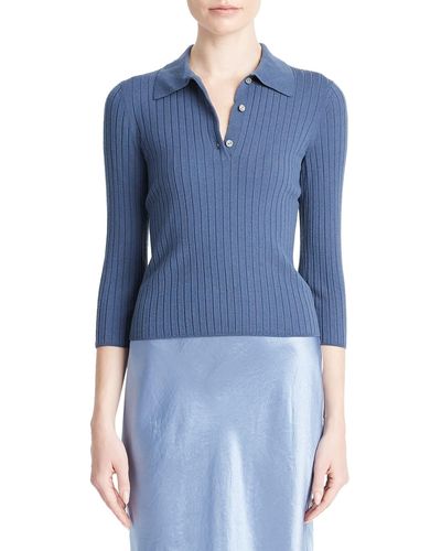 Vince Rib Wool Blend Polo Sweater - Blue