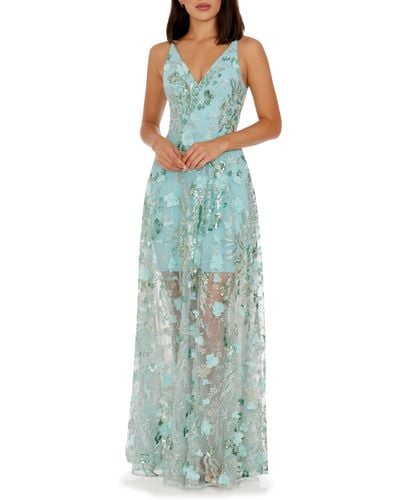 Dress the Population Sidney Beaded Floral Appliqué Gown - Blue
