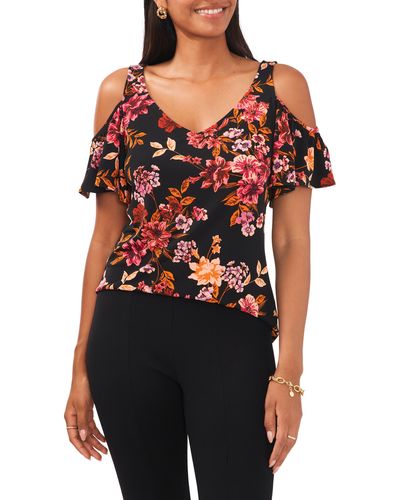Chaus Floral Print Cold Shoulder Top - Red