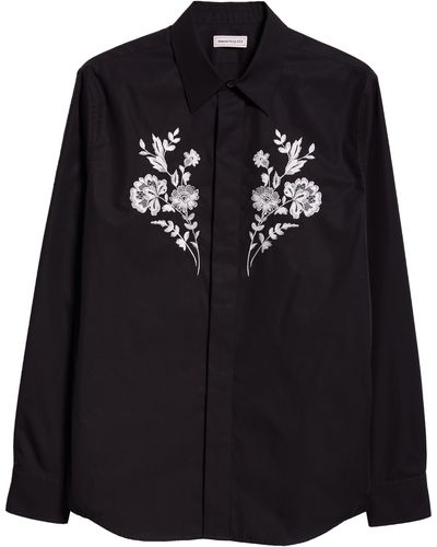 Alexander McQueen Floral Embroidered Cotton Button-up Shirt - Black