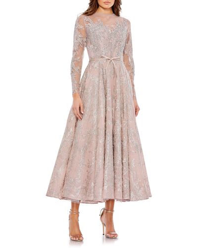 Mac Duggal Beaded Floral Long Sleeve Illusion Lace Gown - Pink