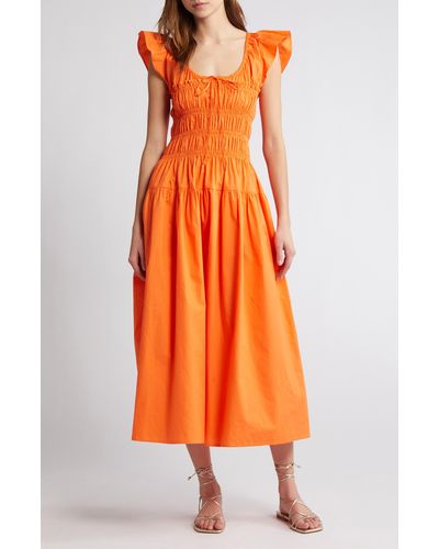 Moon River Smocked Bodice Cotton Midi Dress - Orange