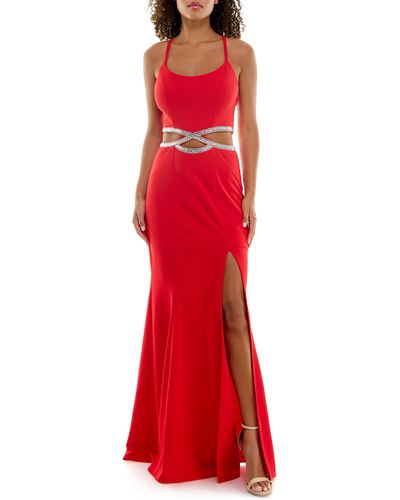 Speechless Rhinestone Trim Cutout Mermaid Gown - Red