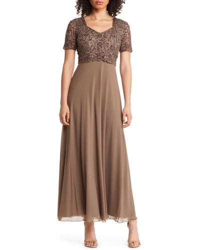 Pisarro Nights Beaded Bodice A-line Gown - Brown