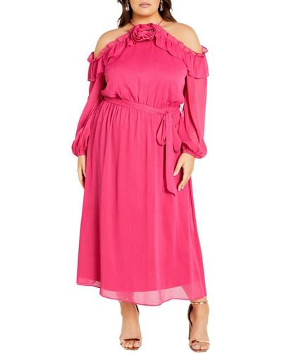 City Chic Nikita Rosette Tie Waist Cold Shoulder Long Sleeve Chiffon Midi Dress - Pink