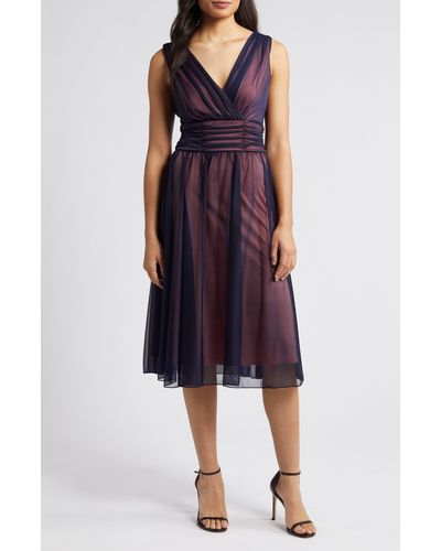 Connected Apparel Chiffon Overlay Fit & Flare Dress - Purple