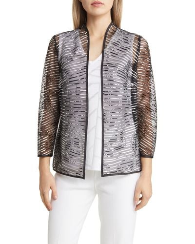 Ming Wang Sheer Stripe Open Front Jacket - Gray