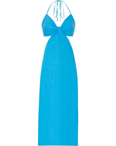 MILLY Oda Cutout Linen Blend Halter Maxi Dress - Blue