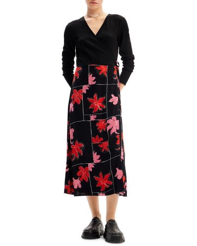 Desigual Floral Long Sleeve Wrap Midi Dress - Black