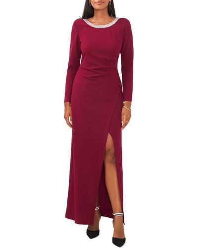 Chaus Crystal Detail Long Sleeve Gown - Red