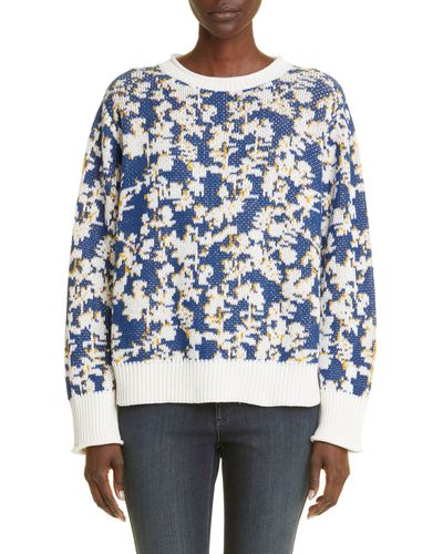 Lafayette 148 New York Floral Jacquard Cashmere & Cotton Blend Sweater - Blue