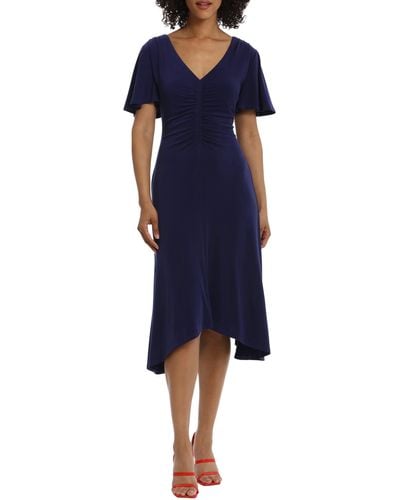 Maggy London Ruched Flutter Sleeve Midi Dress - Blue