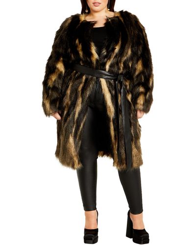 City Chic Diva Belted Faux Fur Coat - Black
