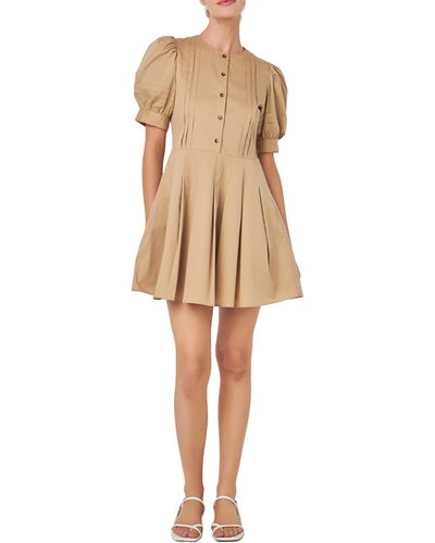 English Factory Pintuck Puff Sleeve Fit & Flare Dress - Natural