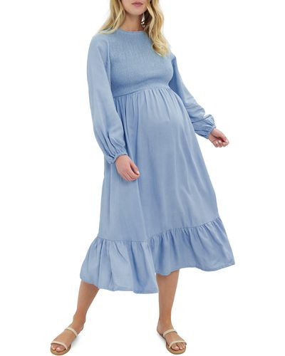 Ingrid & Isabel Ingrid & Isabel Smocked Long Sleeve Chambray Maternity Dress - Blue