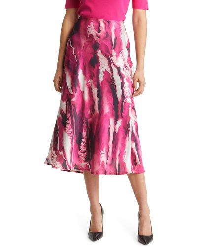 Anne Klein Marble Print Flared Satin Midi Skirt - Pink