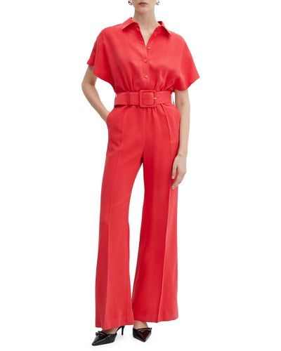 Mango Belted Flare Leg Jumpsuit - Red