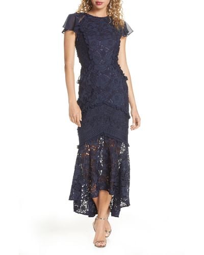 Chi Chi London Crochet & Lace Flounce Sleeve Dress - Blue