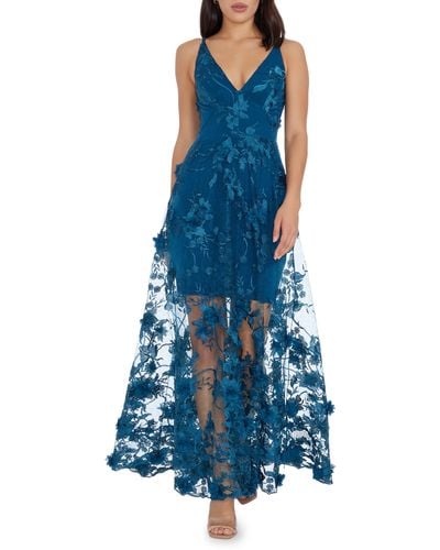 Dress the Population Sidney Deep V-neck 3d Lace Gown - Blue