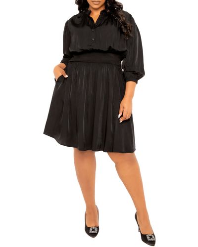 Buxom Couture Smocked Long Sleeve Satin Dress - Black