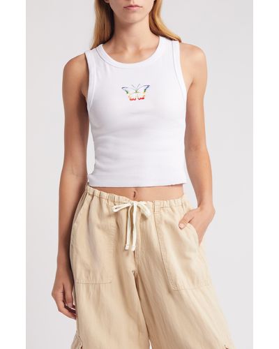 GOLDEN HOUR Rainbow Butterfly Embroidered Cotton Tank - White