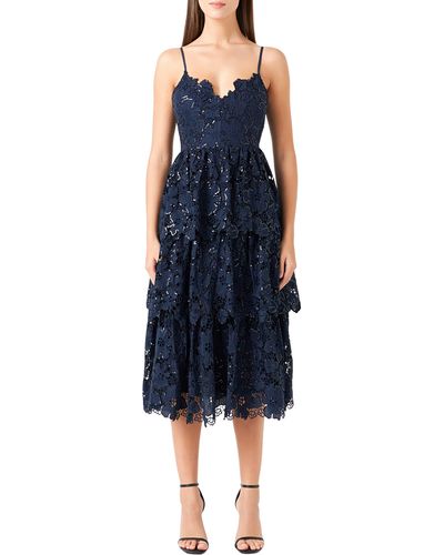 Endless Rose Floral Lace Tiered Sequin Midi Dress - Blue