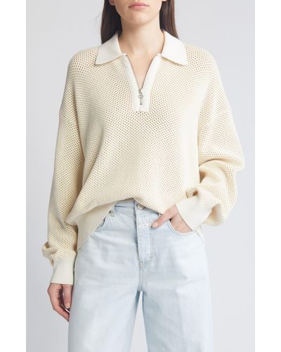 Closed Open Stitch Half Zip Pullover - White