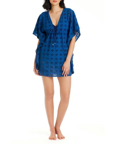 Rod Beattie Broderie Anglaise Cotton Cover-up Caftan - Blue