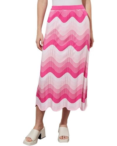 Ming Wang Scallop Stripe Knit Midi Skirt - Pink