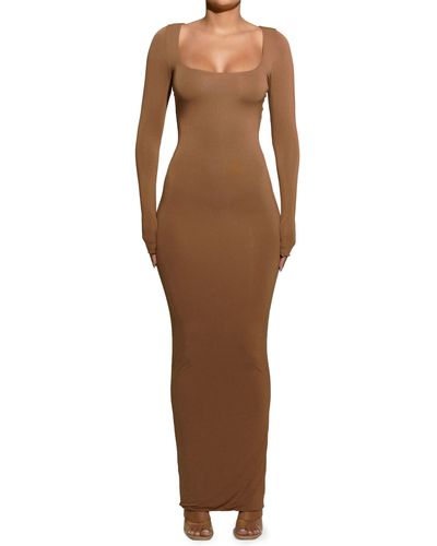 Naked Wardrobe Square Neck Long Sleeve Maxi Dress - Brown